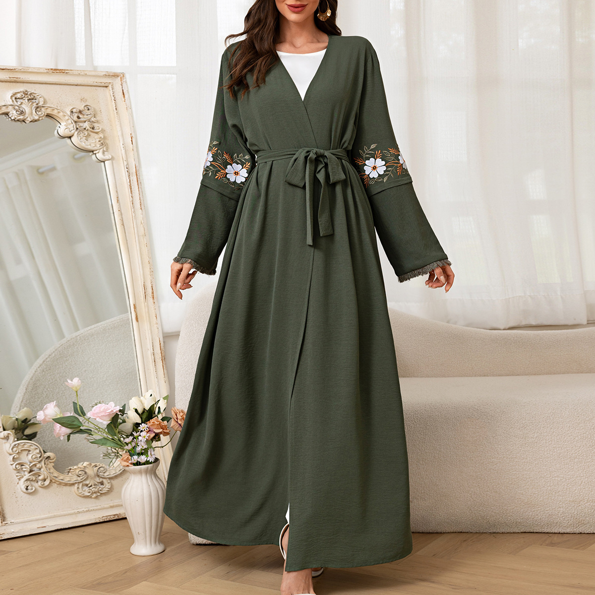 Emerald Embroidered Cardigan Belted Maxi Dress