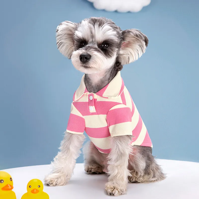 Pet Dog Polo Shirt Striped Beaded Lapel Elastic - Pink Stripes