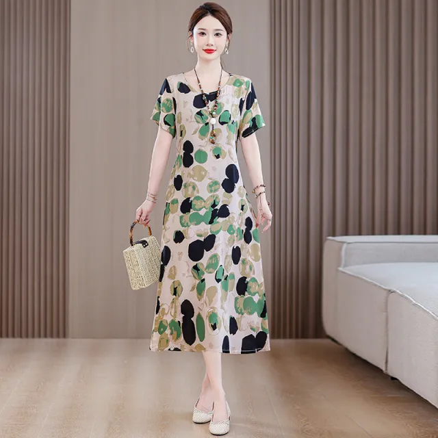 Plus Size Women's Clothes Short Sleeve Cotton Floral Dress Green Circle - Shop at LoveMi