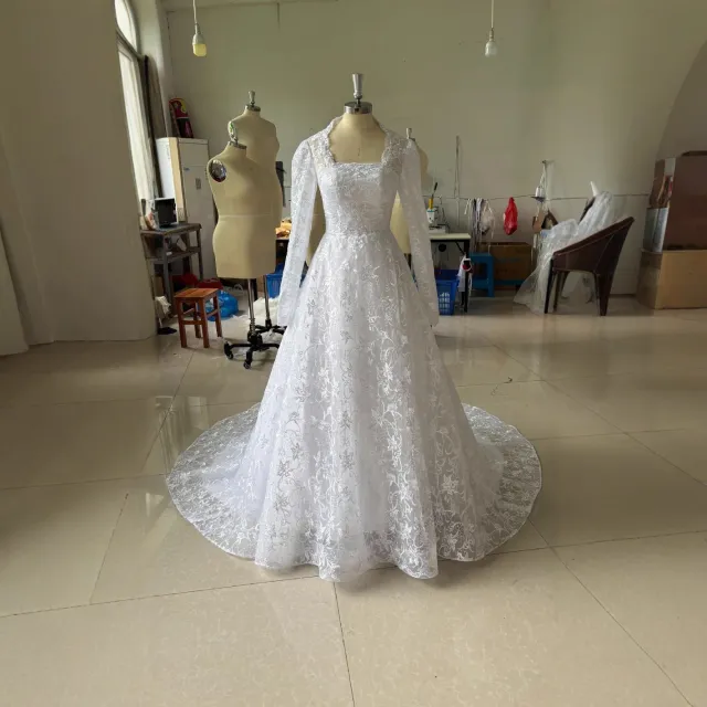 Embroidered Long Sleeve Trailing Wedding Dress White - Shop at LoveMi