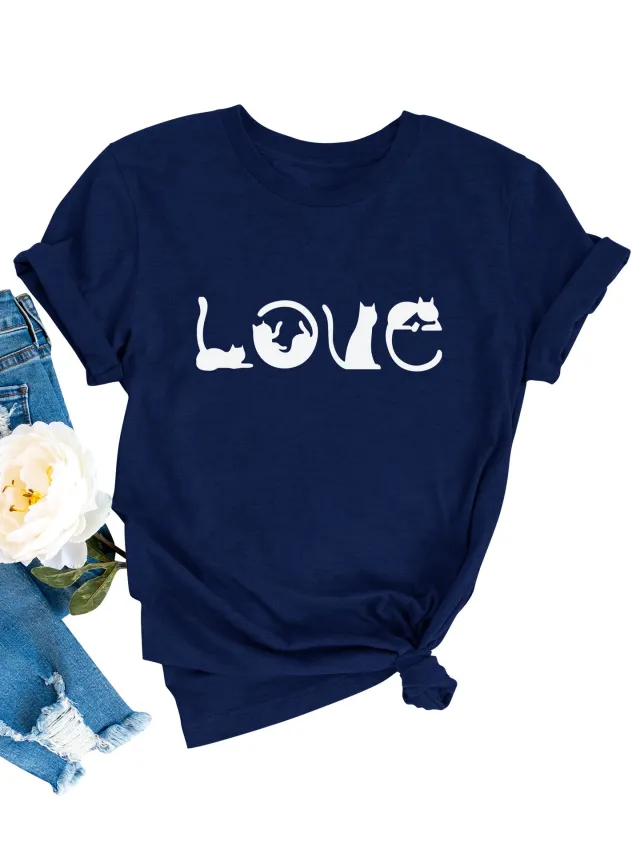 Valentine's Day LOVE Printed Women's Pullover T shirt Navy Blue - Shop at LoveMi