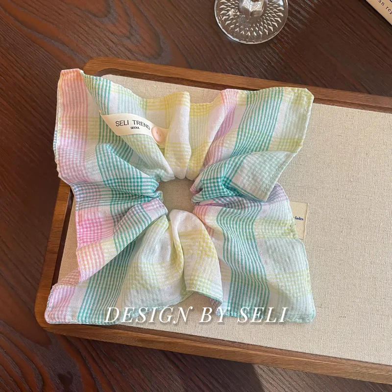Colorful Plaid Square Scarf Korean Color Niche Headband Hair Accessories - Button Square Scarf