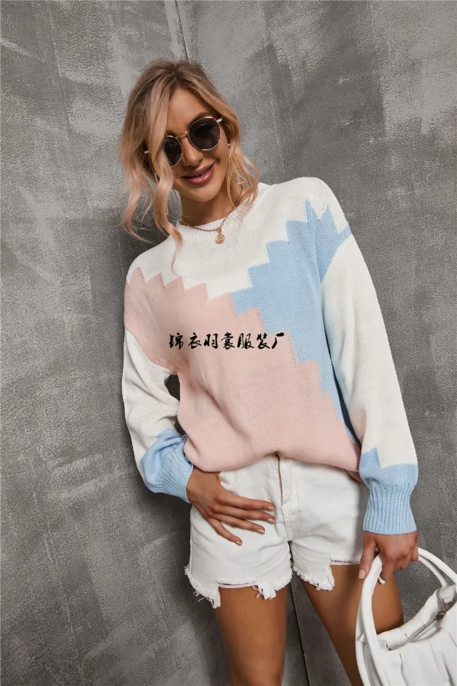 Patchwork Round Neck Plus Size Loose Sweater Long Sleeve Sweater Pink And Blue - Shop at LoveMi