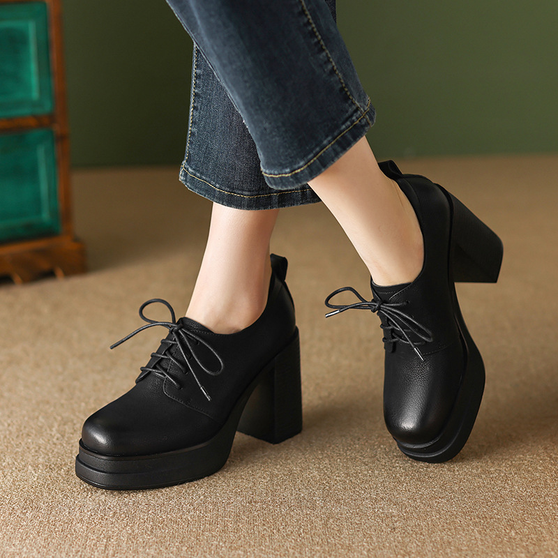 Womens Retro Deep Toe Lace Up Chunky Heel Leather Shoes