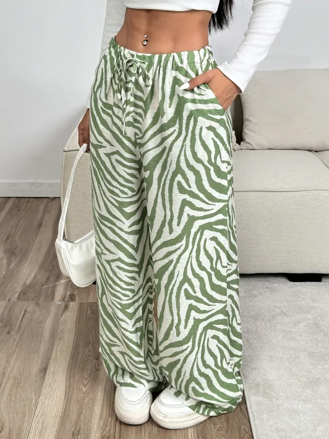 Zebra Print Drawstring Casual Pants Printed Trousers Green - Shop at LoveMi