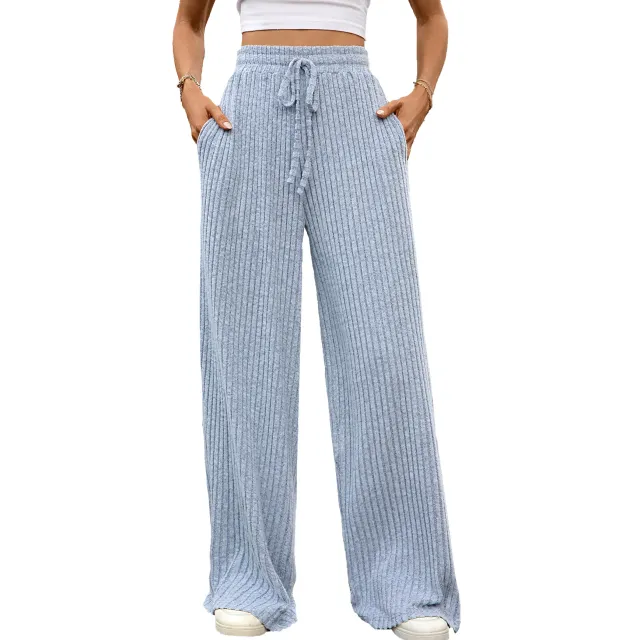 Multi color Drawstring Loose Sunken Stripe Straight leg Trousers Light Blue - Shop at LoveMi