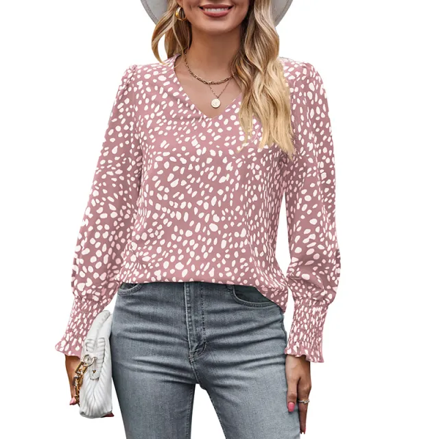 Loose Printed Long Sleeve V neck Chiffon Shirt For Women Pink - Shop at LoveMi