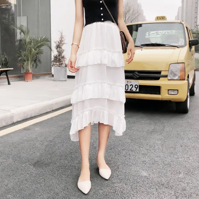 Irregular Skirt Women's A High Waist Tiered Mid length Pleated Dress White - Shop at LoveMi