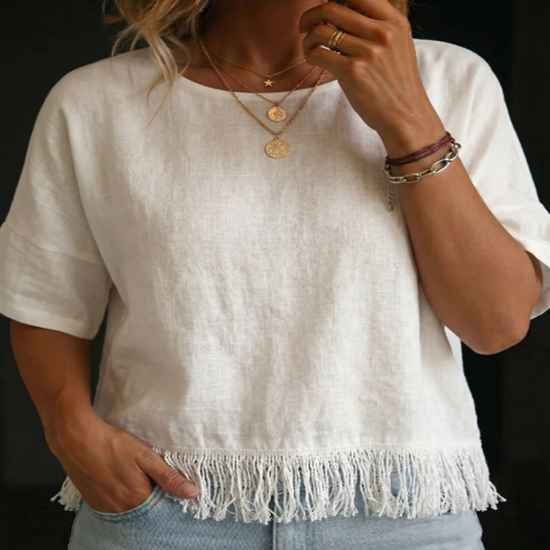Womens Round-neck Short-sleeve Tassel Cotton-linen Shirt