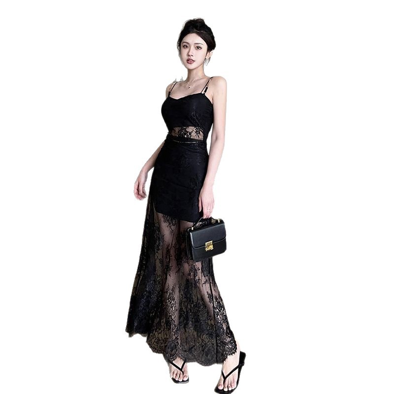Black Lace Pure Desire Sexy See-through Double Layer Splicing Sling Dress Female