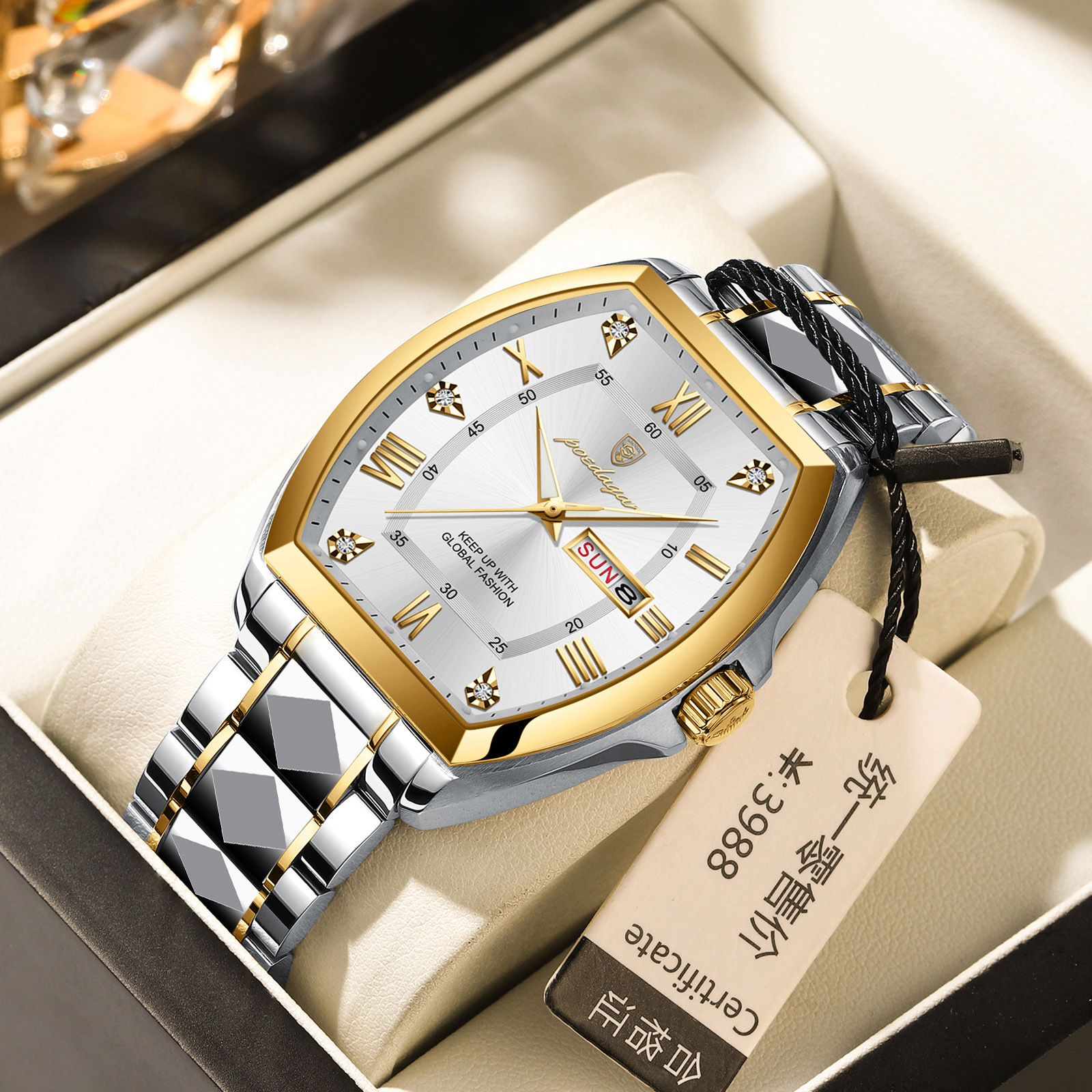 Waterproof Luminous Barrel-shaped Quartz Mens Watch Golden White Noodles