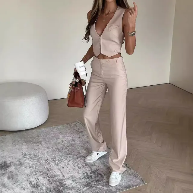 Autumn New Vest Top Loose Trousers Two piece Set Khaki - Shop at LoveMi