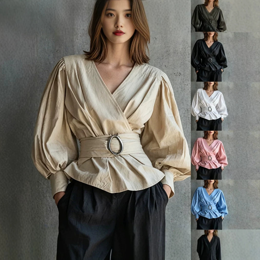 Womens V-neck Blouse With Ruffled Cuffs And Puff Sleeves