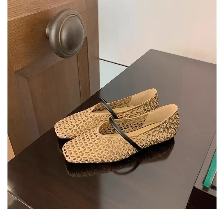 Womens French-style Square-toe Cutout Woven Sandals