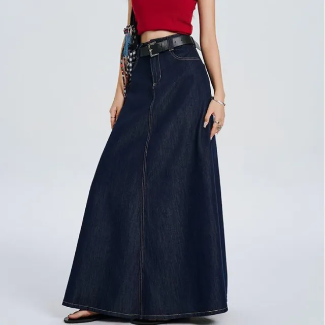 Women's Solid Color Loose Fit Blue Vintage Denim Skirt Deep Blue No Belt Included - Shop at LoveMi