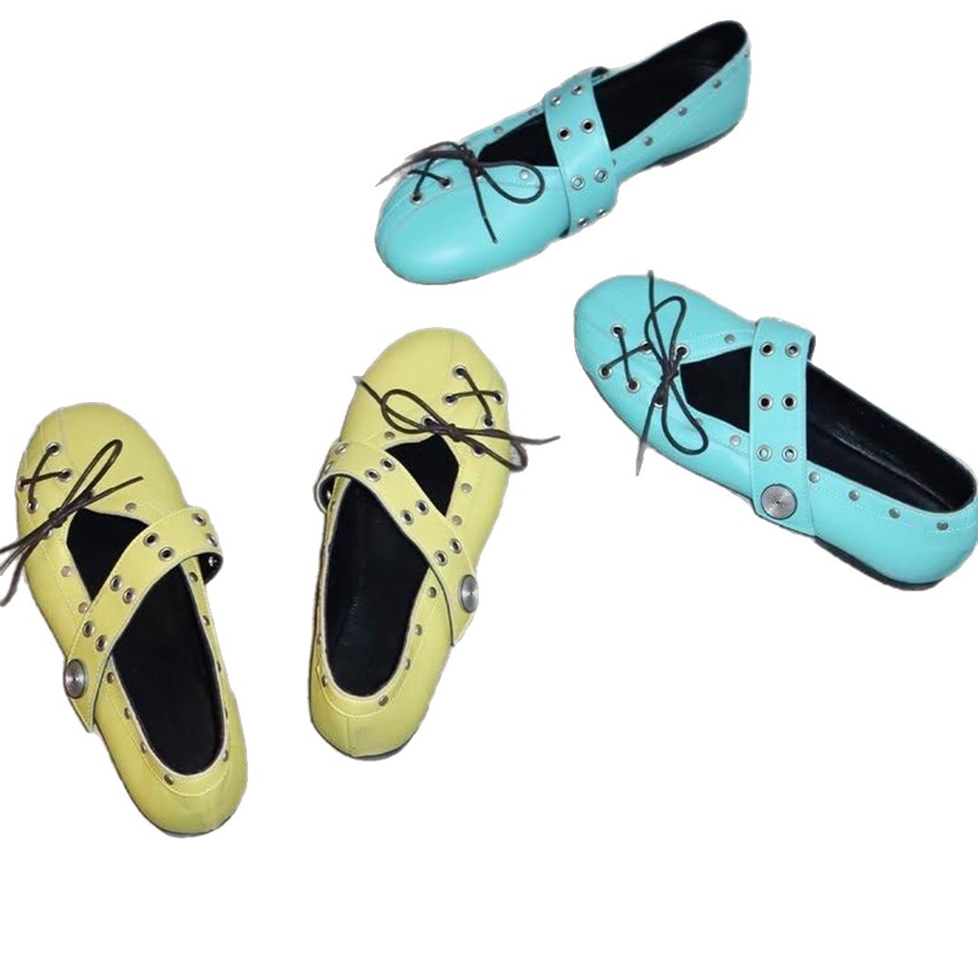 Rivet-strap Ballet Flats For Women Flat-soled Round-toe Mary Jane Leather Shoes 2