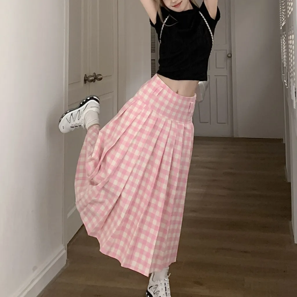 High Waist Slimming A- Line Pleated Skirt Design Sense Niche Dress - Pink