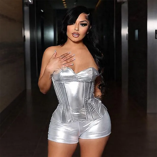 Faux Leather Metallic Body Shaping Tube Top Casual Shorts Two piece Suit Silver - Shop at LoveMi