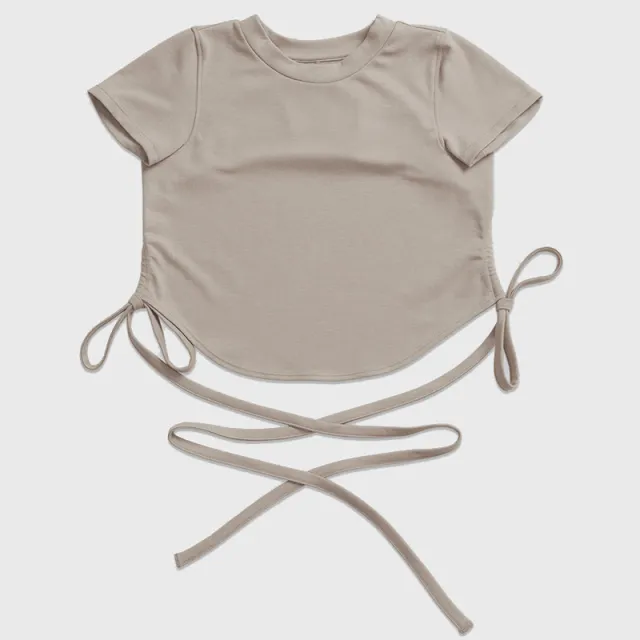 Summer New Yoga Wear Lace up Winding Back Hollow Sexy Sports Short sleeved T shirt Apricot - Shop at LoveMi