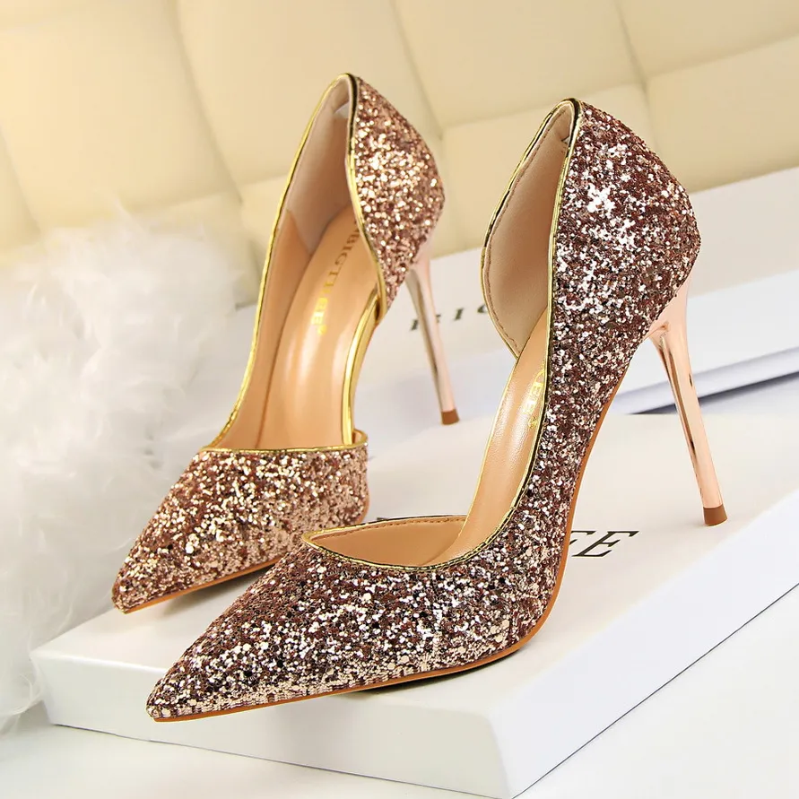 Skinny Women's Shoes Stiletto Heel Shallow Mouth Pointed Side Hollow-out Sequin - Champagne-34