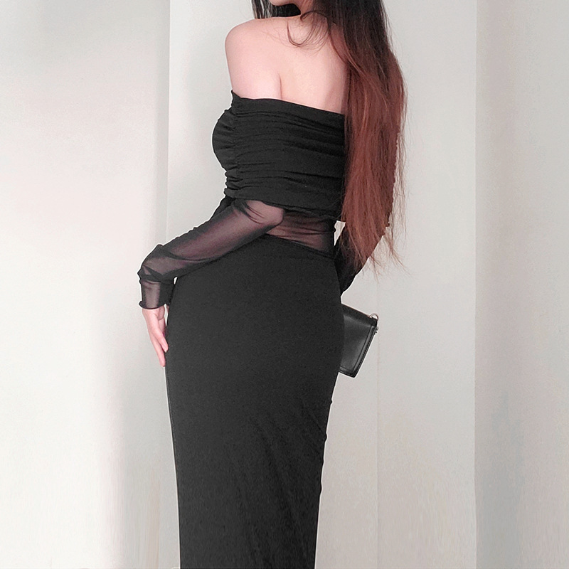 Off-shoulder Pleated Long Sleeve Dress