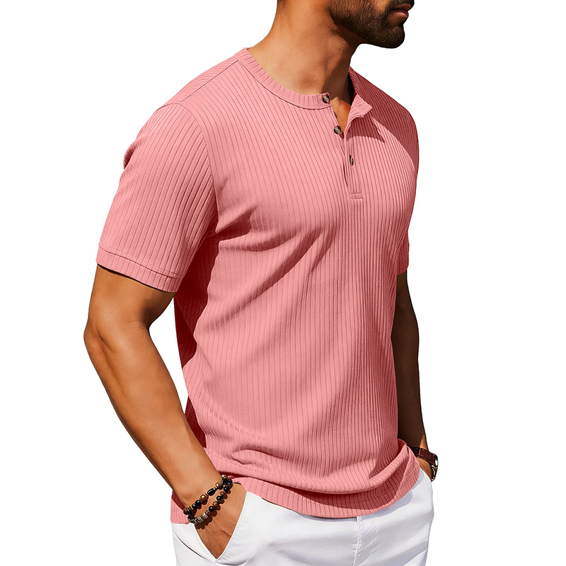 Summer New Men's Henley-Neck Ribbed T-Shirt