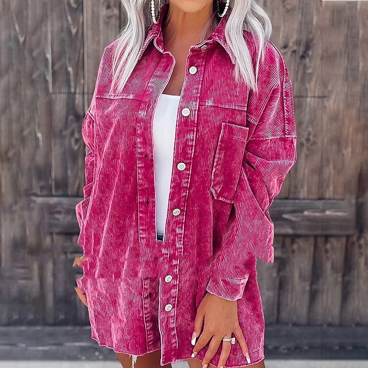 Retro Distressed Corduroy Shirt Jacket Coat For Women Rose - Shop at LoveMi