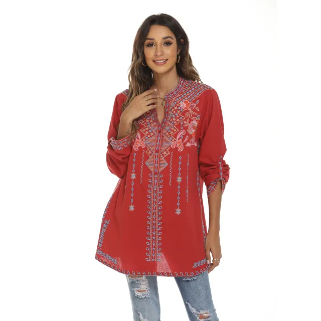 Long Sleeve Shirt Embroidered Mid length Stand Collar Tan - Shop at LoveMi