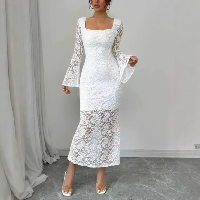 Fashionable Lace Patchwork Square Neck Flared Sleeve Bodycon Dress White - Shop at LoveMi