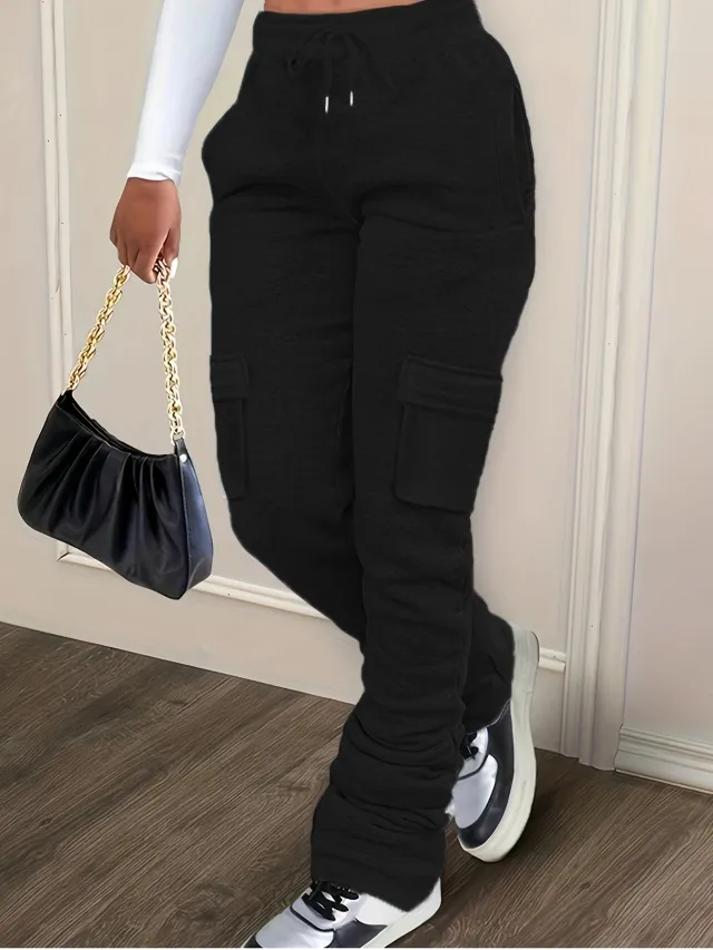 Pure Color Thickened Sweater Fabric Casual Drawstring Pile Pants Black - Shop at LoveMi