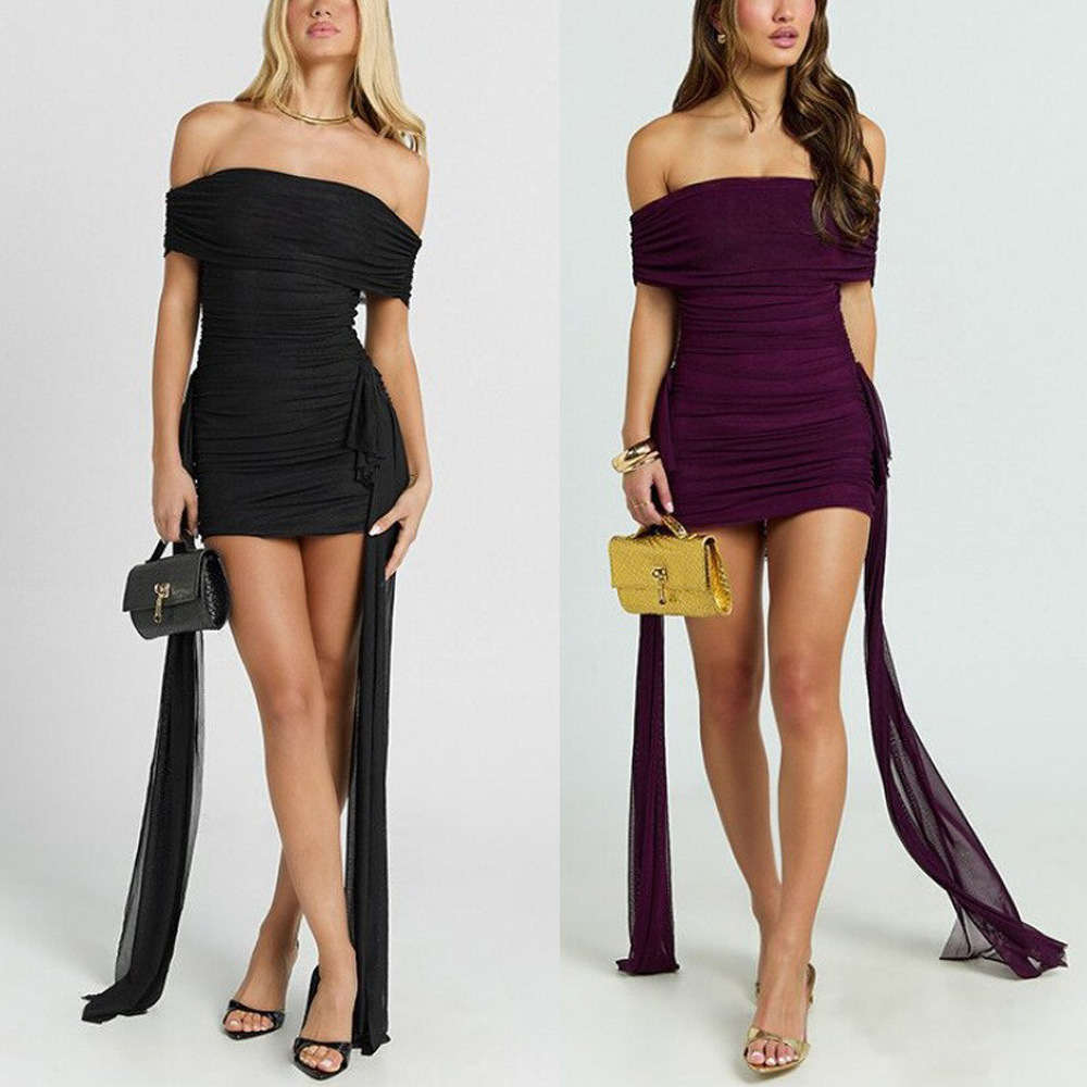 Off-the-shoulder Pleated Flowing Ribbon-fit Mini Dress