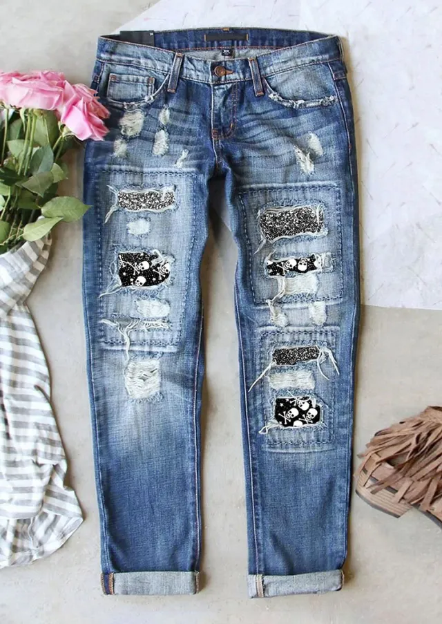 Women's Jeans Ripped Print Patch Skull Patch 007091 - Shop at LoveMi