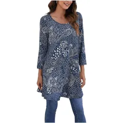 Casual Three-quarter Sleeve Floral Flowy Loose Round Neck T-shirt - A12 - View 1