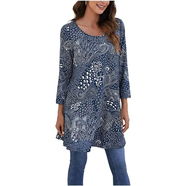Casual Three quarter Sleeve Floral Flowy Loose Round Neck T shirt A12 - Shop at LoveMi