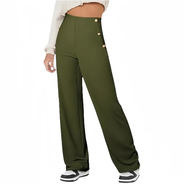 Women's Casual Straight Pants High Waist Button Army Green - Shop at LoveMi