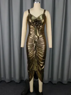 Female Solid Color Summer Sling Golden Party Dress - Gold - View 1