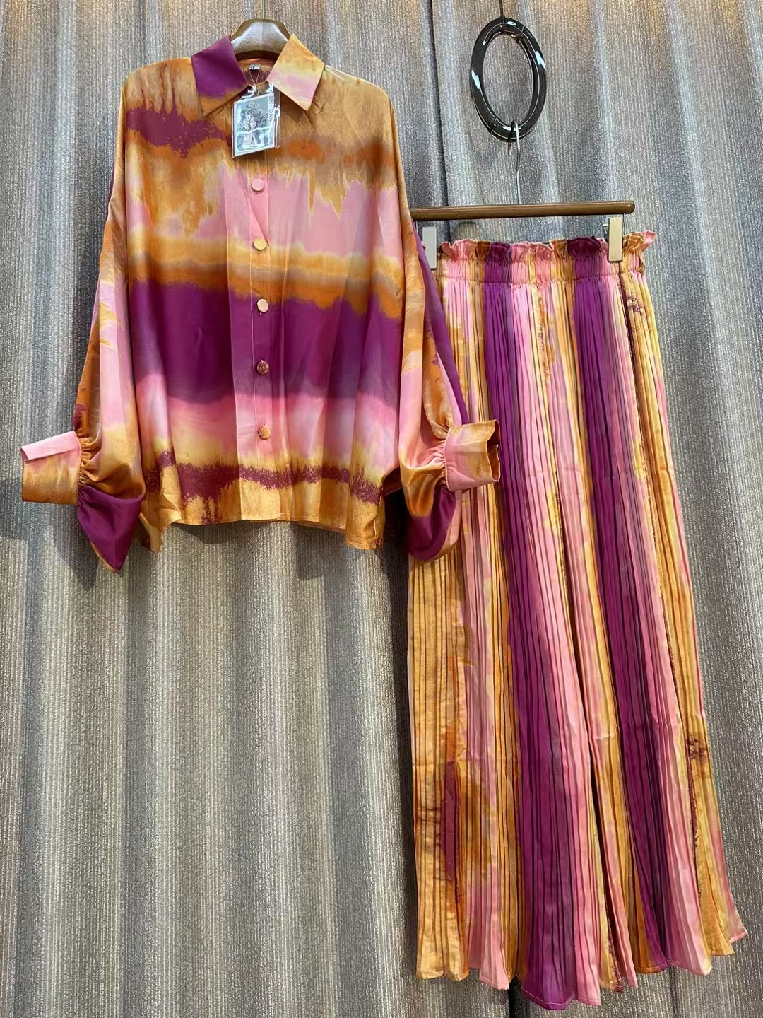 Personalized Printed Shirt Top High Waist Draped Wide Leg Pants Two-piece Set