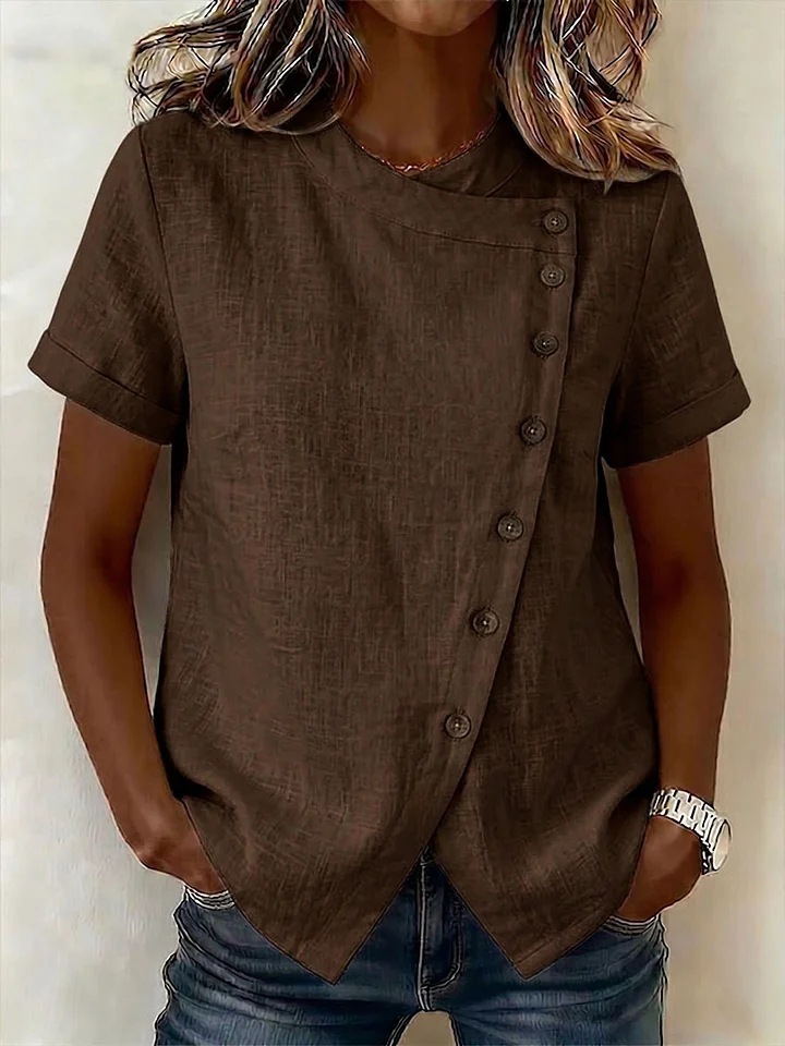 Women's asymmetrical cotton linen top – brown colorway styled casual outfit