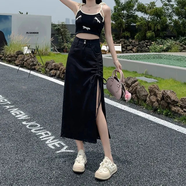 Women's Fashion Gradient Macaron Denim Skirt Black - Shop at LoveMi