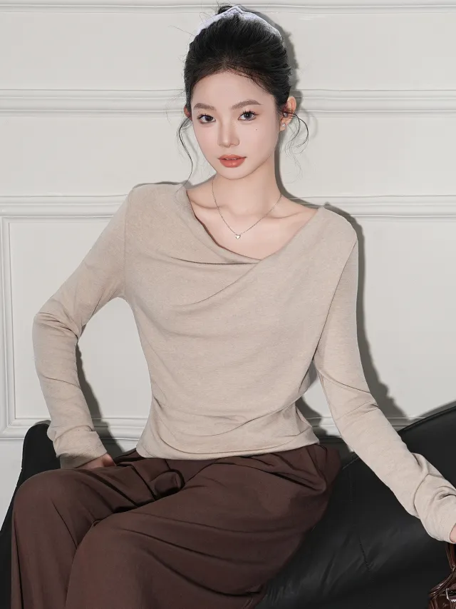 Solid Color Off shoulder Cashmere Long sleeve Top Buckwheat Color - Shop at LoveMi