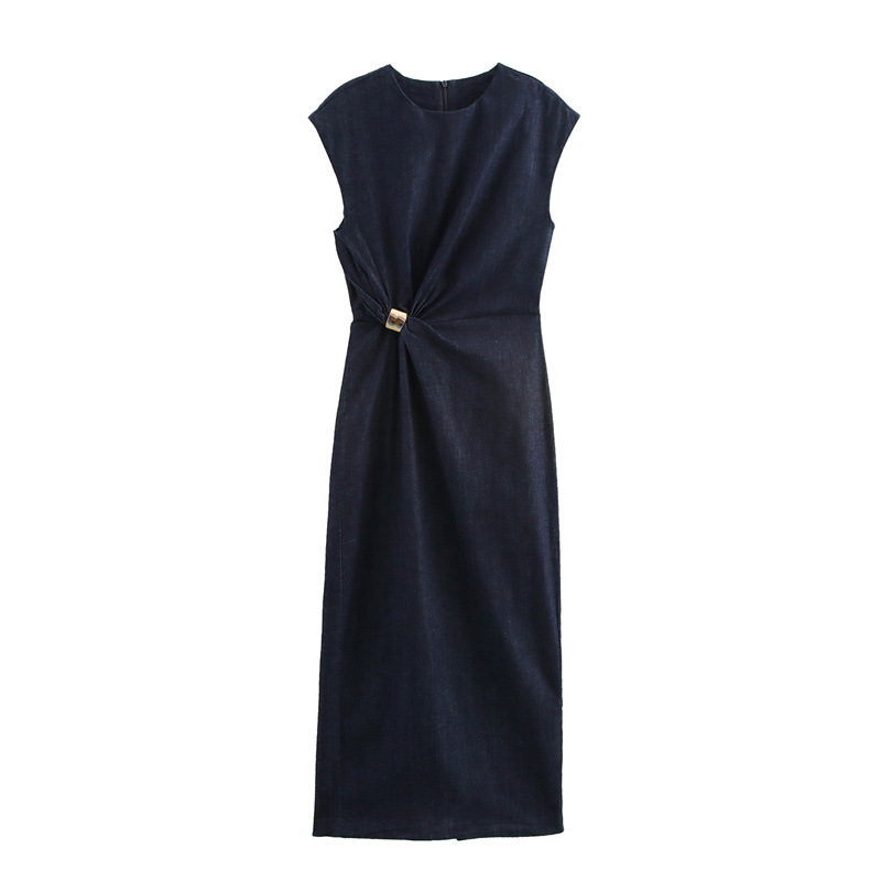 Round Neck Sleeveless Gold Inlaid Back Slit Denim Dress