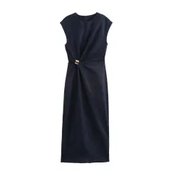 Round Neck Sleeveless Gold Inlaid Back Slit Denim Dress - View 1