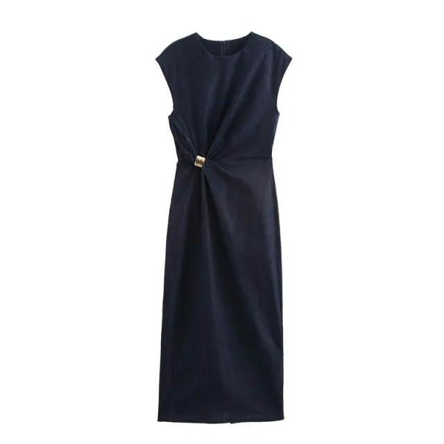 Round Neck Sleeveless Gold Inlaid Back Slit Denim Dress - Shop at LoveMi