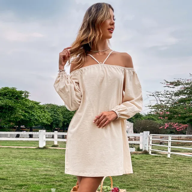 Loose Casual Off shoulder Sleeveless Long Sleeve Dress Apricot - Shop at LoveMi