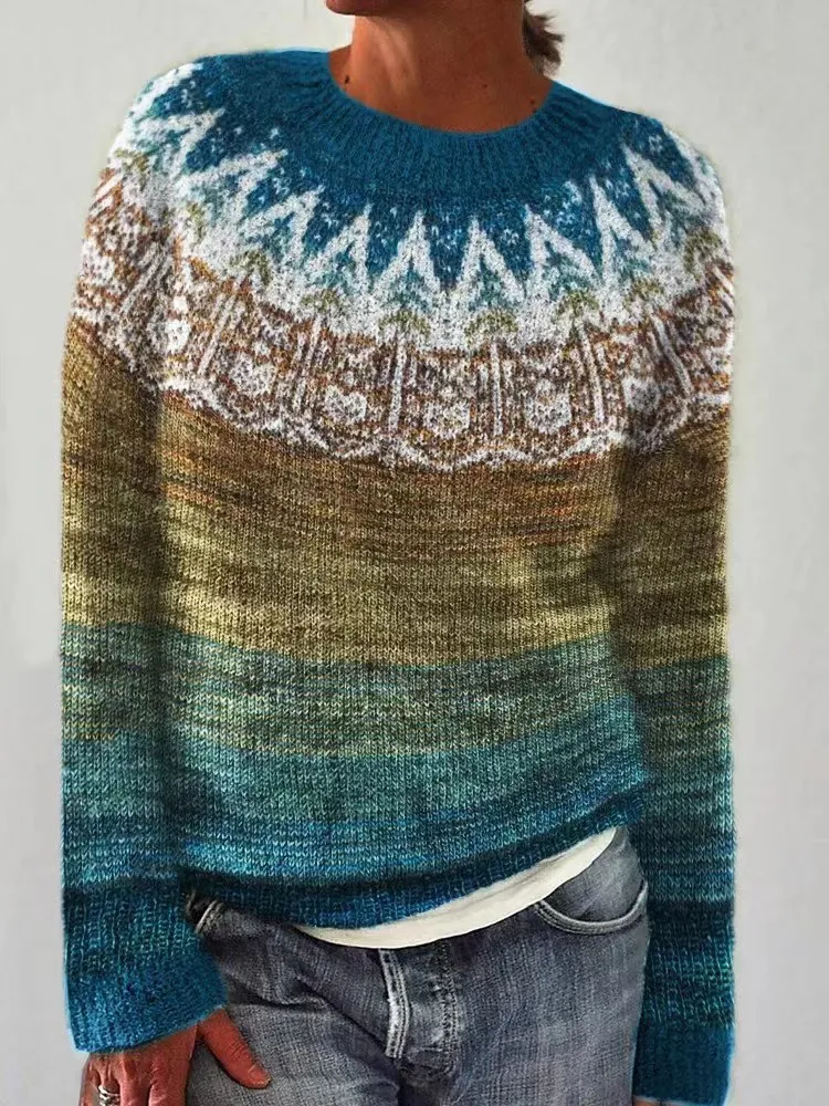 Women's Round-neck Color-block Loose Sweater - Hikoi 5417434