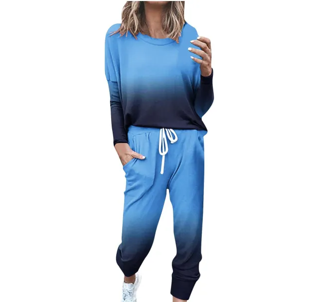Striped Contrast Color Slim Long Sleeve Top High Waist Straight Wide Drawstring Pocket Trousers Suit G42Z607 - Shop at LoveMi