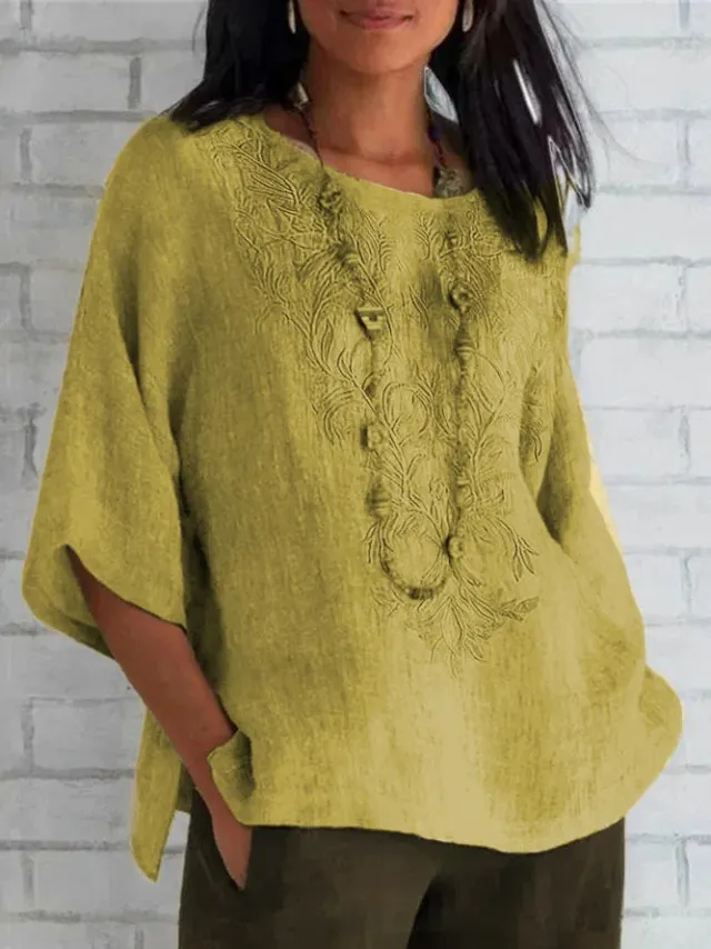 Autumn And Winter Women's Three quarter Sleeve Loose Casual Print T shirt Linen Cotton And Linen Yellow - Shop at LoveMi