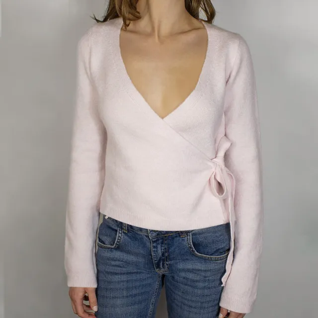 Cross V neck Bottoming Lace up Casual Sweater Pink - Shop at LoveMi