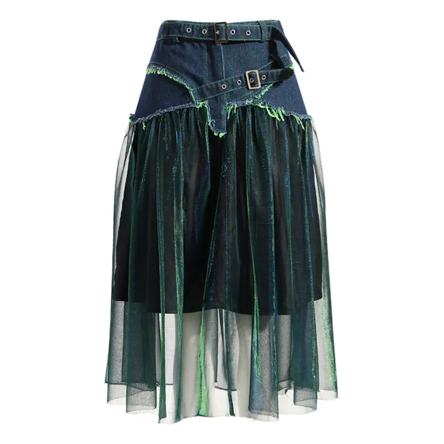 Denim Stitching Colorful Mesh Skirt Contrast Color High Waist Slimming Midi A Line Blue - Shop at LoveMi