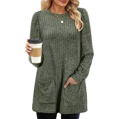 Autumn And Winter New Mid-length Round Neck Solid Colour Long Shirt For Women - Army Green - View 1